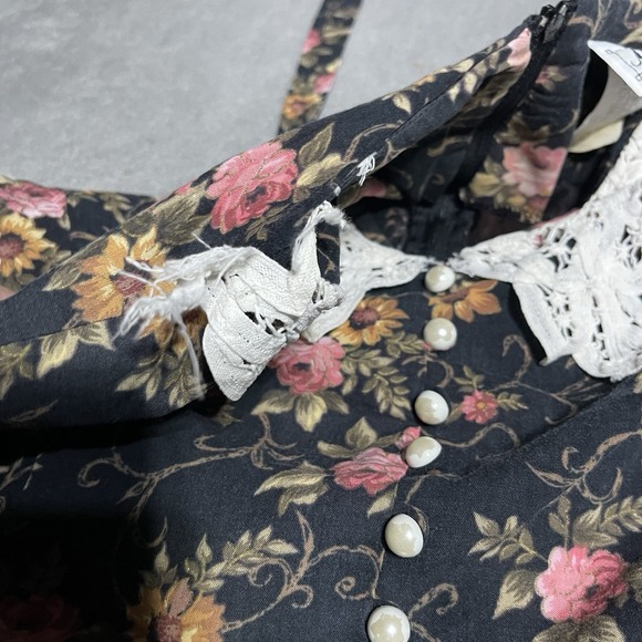 Vintage‎ Miss Dorby Dress Womens 14 Black Floral Button Maxi Modest Lace Collar - Picture 10 of 11